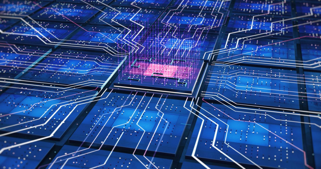 A futuristic style graphic resembling a microchip.