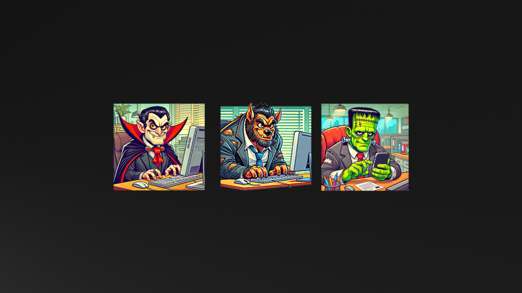 A cartoon vampire, werewolf and frankensteins monster, sitting at computers wearing suits.